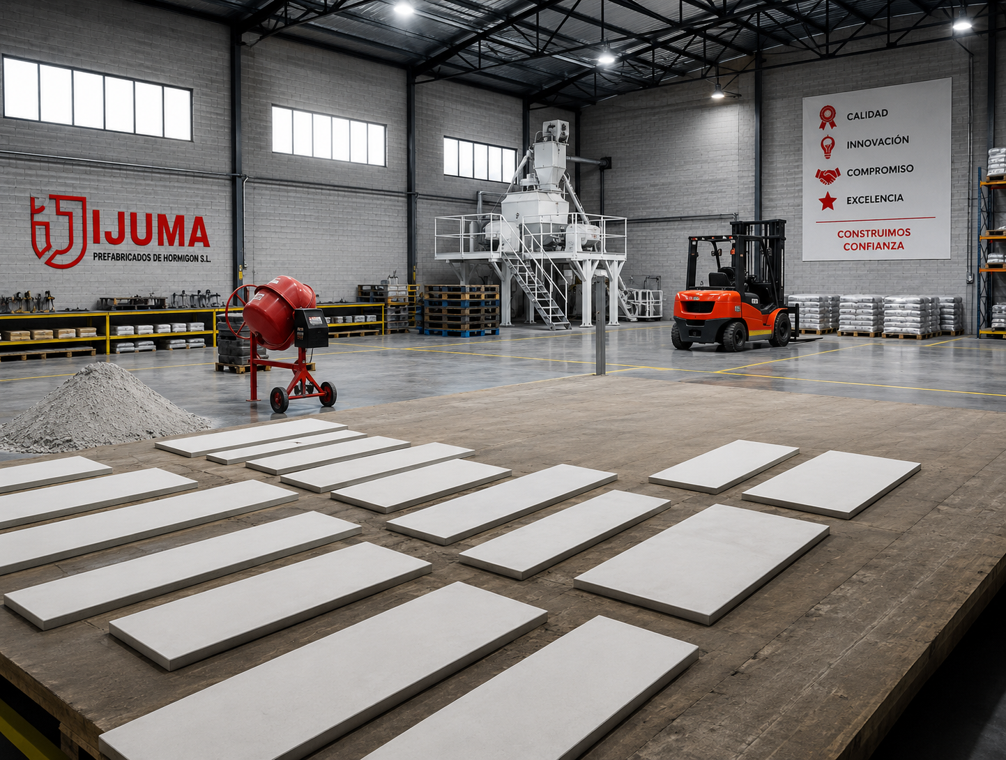 Zona de fabricación interior con maquinaria, acopios y piezas prefabricadas